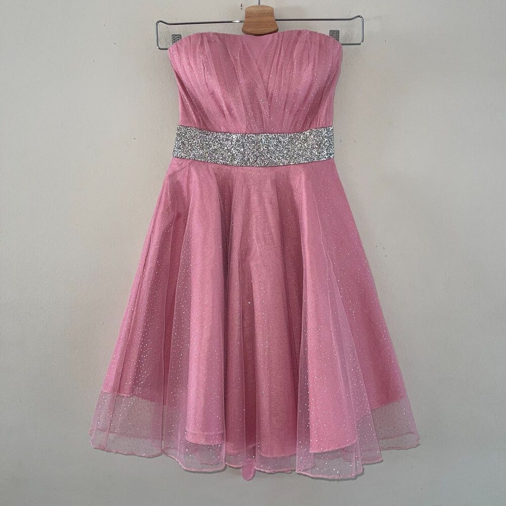Y2K Pink Sheer Strapless Dress Size S Silver Sparkle Embellished Waist Tie